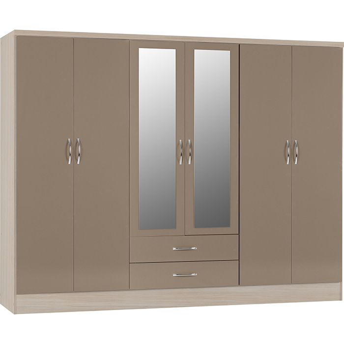 Nevada 6 Door 2 Drawer Wardrobe In Oyster Gloss & Light Oak - Click Image to Close